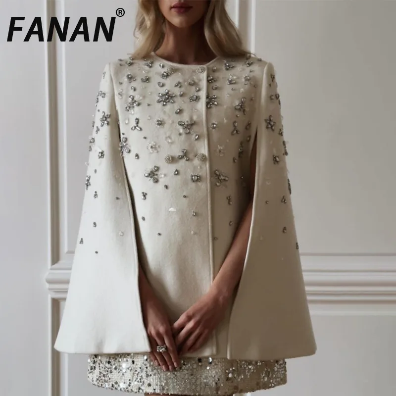 

FANAN Patchwork Diamonds Temperament Coats For Women Round Neck Cloak Sleeve Spliced Button Loose Jackets Female Style 2025 New