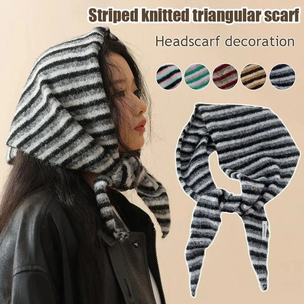 多機能暖かいスカーフ グラデーションストライプ ヘッドスカーフ ウールブレンド 三角スカーフ ニットショルダーショール 高級DIYネックチーフ