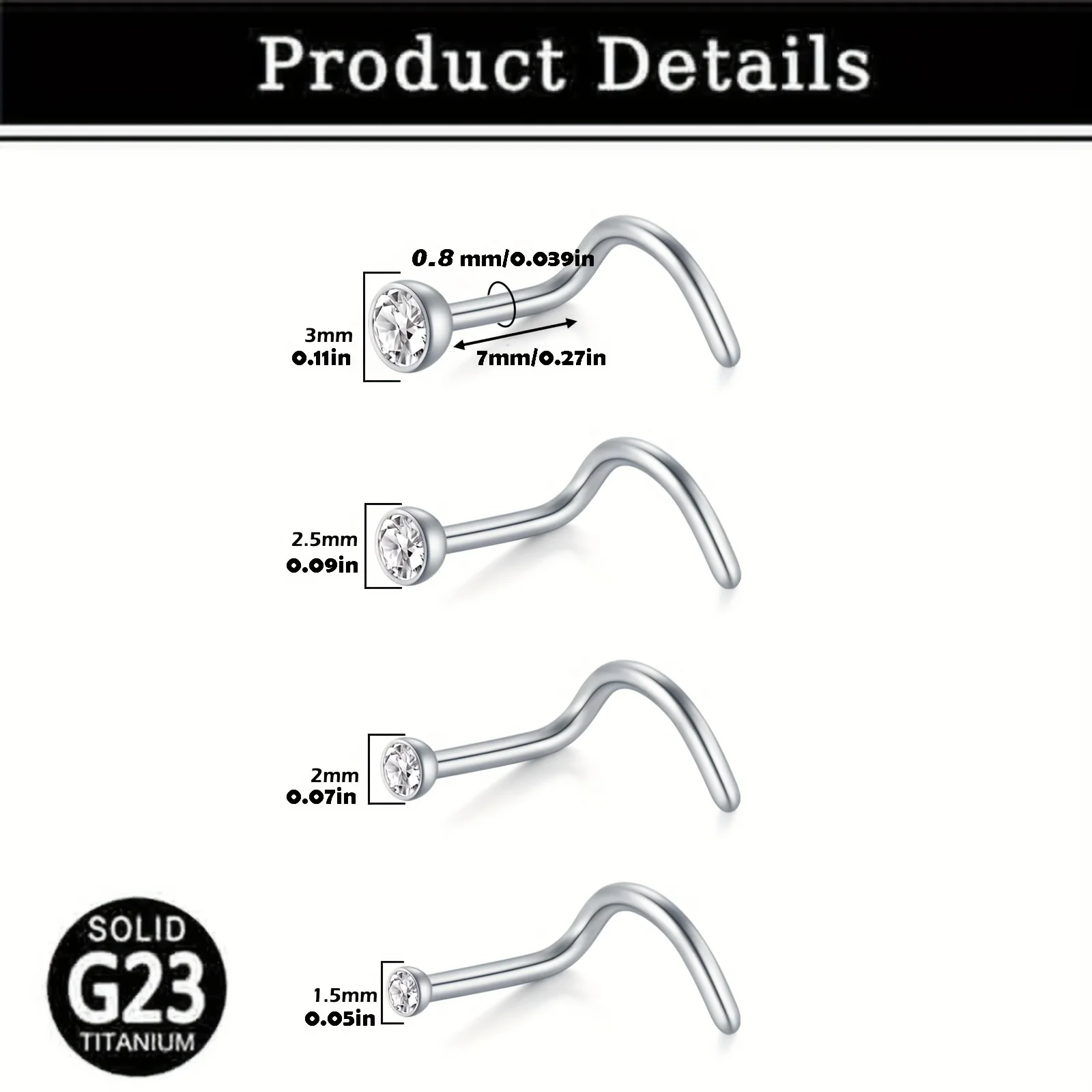 4pc G23 Titanium Alloy Nose Stud, Nose Ring, Nose Piercing, Hypoallergenic Nose Stud, Women's Jewelry, Multiple Size Combination