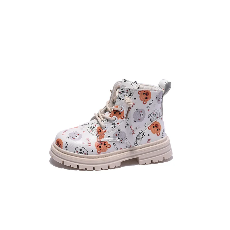 2024 Autumn New Children's Martin Boots Korean Cute Leather Boots Fashion Printed Casual Women's Shoes