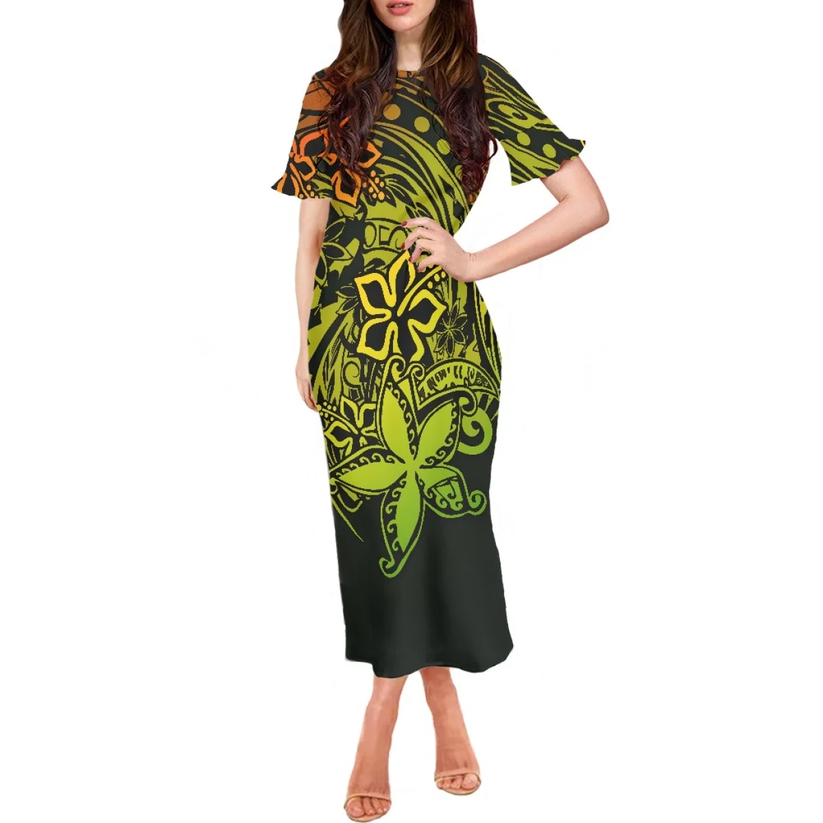 

Latest Tahitian Frangipani Decor Printed Petal Sleeve Dress Elegant Women Elastic Floral Vintage Dress Polynesian Clothing