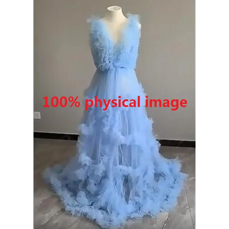 Ruffle Tulle Maternity Dress Prom Dresses for Pregnant Women Baby Shower Gowns Front Split Photo Shoot Robes