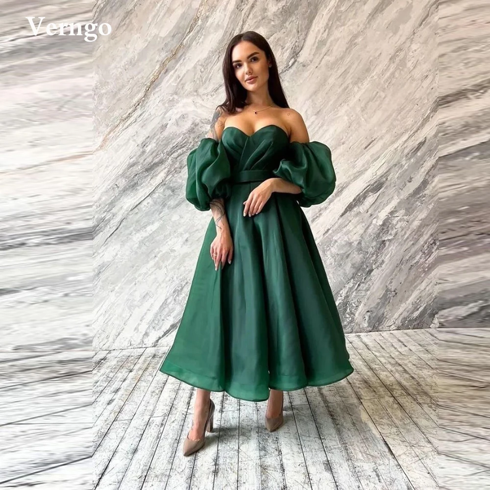 

Verngo Dark Green A Line Organza Evening Dresses Sweetheart Short Puff Sleeves Tea Length Pink Prom Party Gowns Lace Up Back