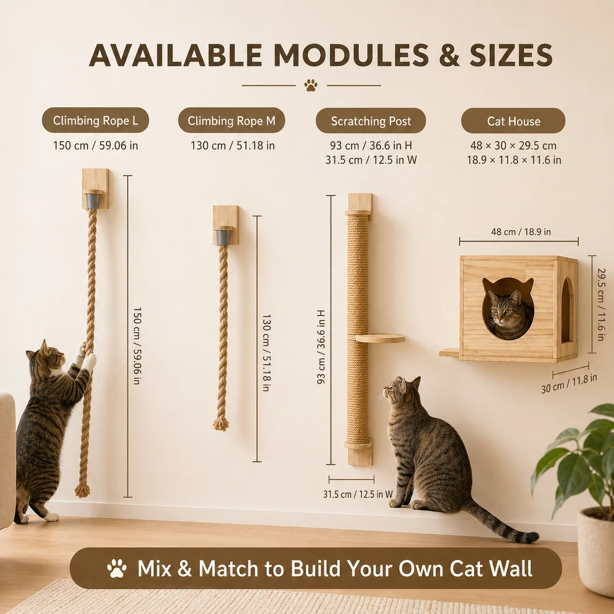 DIY Modular Wall Mount Pet Furniture Natural Sisal Scratcher Post Climbing Rope Cave Indoor Wall Perch for Small Feline Kitten