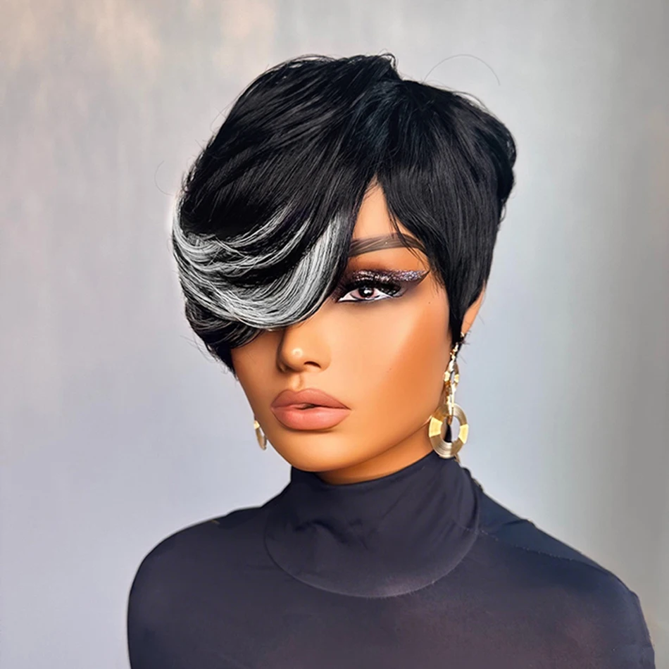 Silver Highlighted Short Layered Pixie Wigs Human Hair 100% Natural Realistic Tangle Free Full Machine Made With Bangs For Women