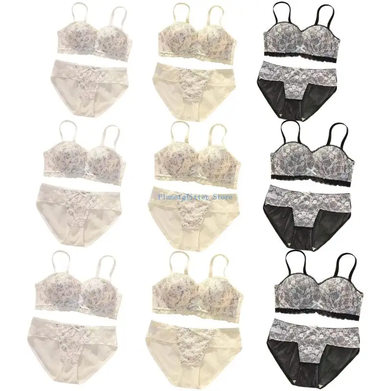 

652B Women's Elegant Lace Bralette Matching Briefs Set Romantics Flower Print Detail