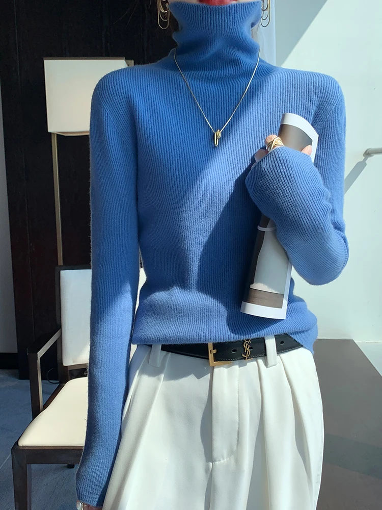 

Women Slim Turtleneck Wool Sweater Long Sleeve Pullover Autumn Winter 100% Merino Wool Knitwear Basic Pure Color Bottom Sweater