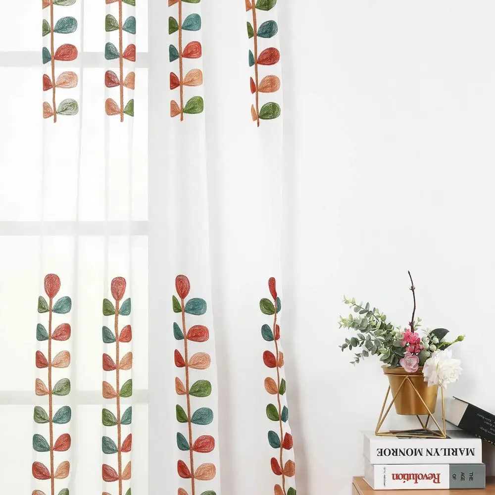 Cortinas transparentes brancas bordadas com folhas coloridas, 60 L x 106 L, conjunto de 2 para sala de estar e quarto