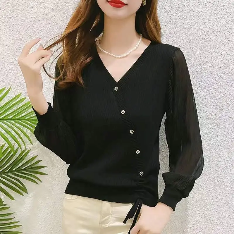 Women\'s Clothing Knitted Button Lantern Long Sleeve Bandage Gauze Rivet V-Neck Cardigan T-shirt Casual Office Lady Elegant Tops