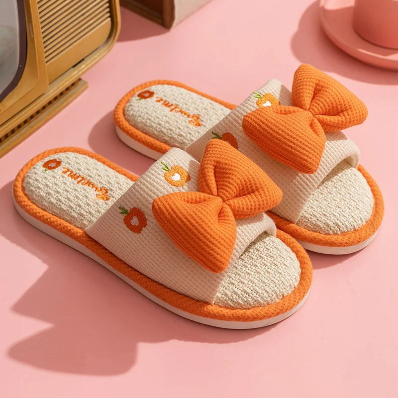 Ladies Summer Casual Linen Slippers with Cartoon Multicolor Bow Anti-Slip Slip-On Home Footwear for Girls Cute Simple Design image 4