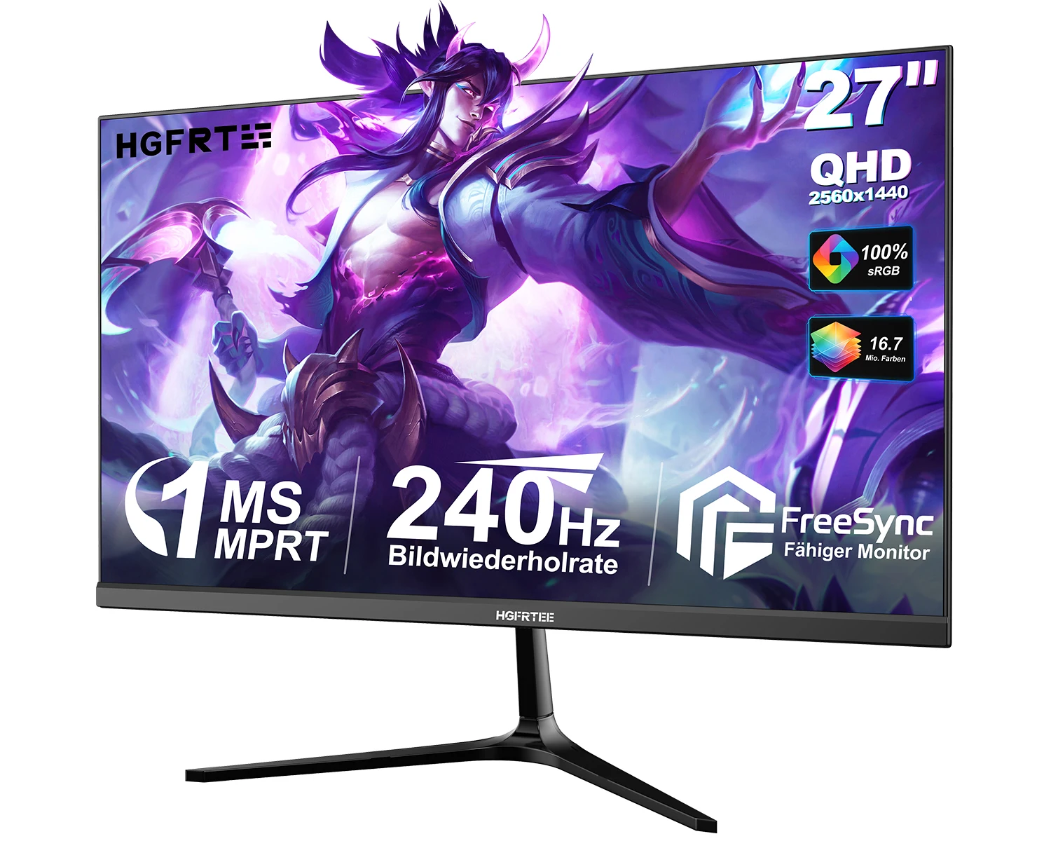 HGFRTEE 27 Zoll QHD Gaming Monitor, 240Hz (DP), 2560×1440 IPS Bildschirm, 1ms MPRT, FreeSync, HDMI & DisplayPort, 100% sRGB, VESA 75×75 mm, PC Monitor für Gaming und Home Office