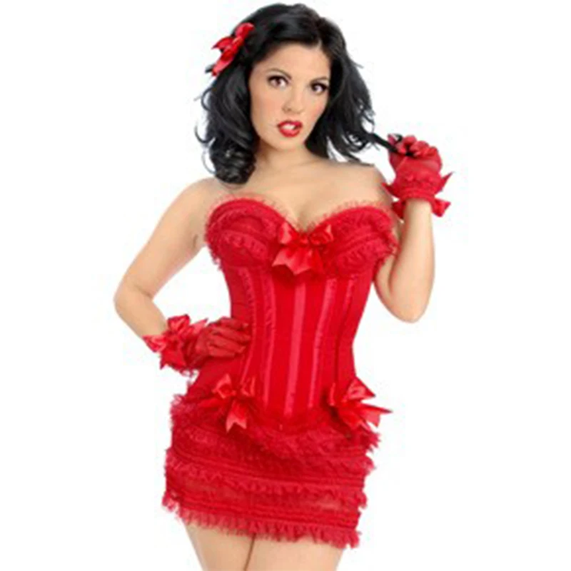 Women Red Sexy Lace Push Up Overbust Corset Dress Set Clubwear Waist Bustier Top with Layered Pleated Mini Skirt Plus Size