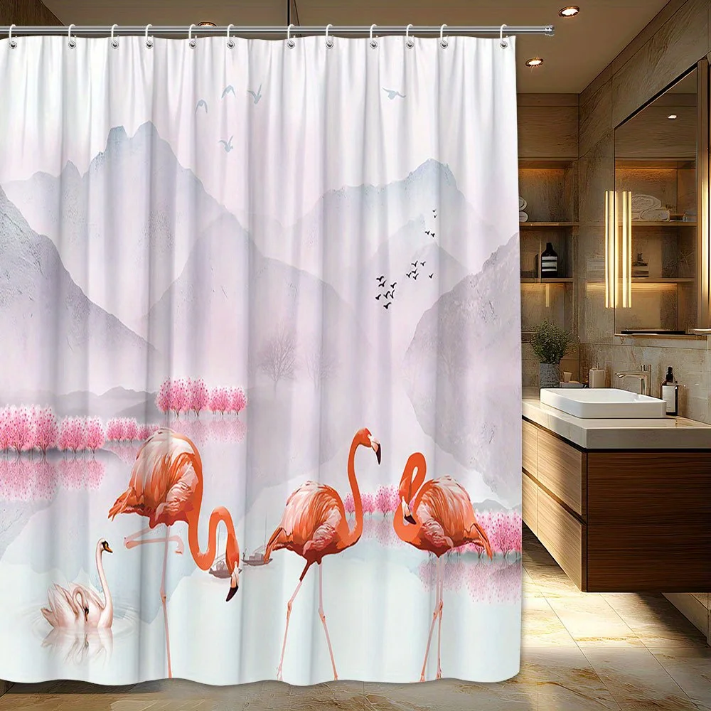 

1pc of a Shower Curtain Featuring Serene Flamingos, Swans, And Cherry Blossoms by Misty Mountains, Designed to Be Tranquil And