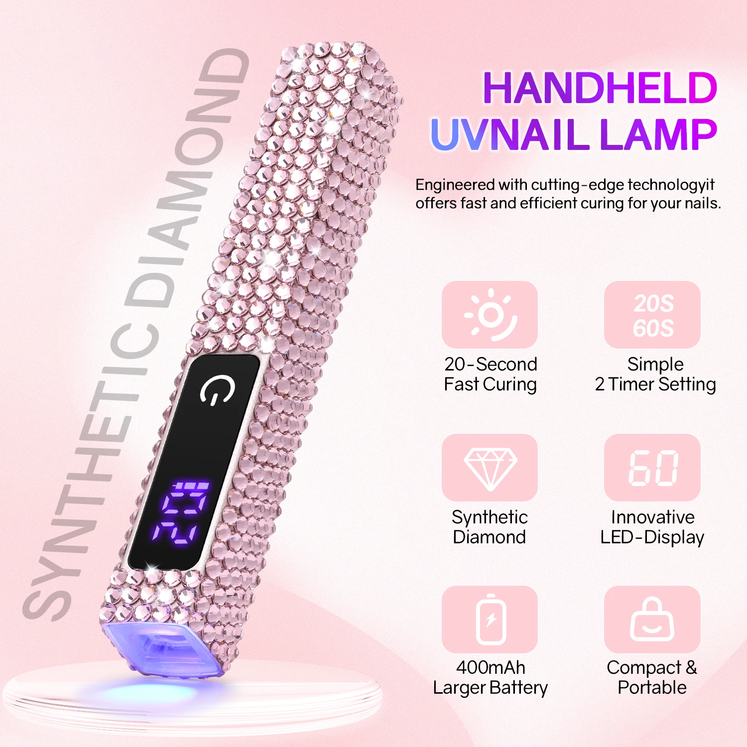 Handheld UV Nail Lamp Portable Rechargeable Nail Dryer with Rhinestone and LCD Touch Screen UV Light for Manicure Nail Tools