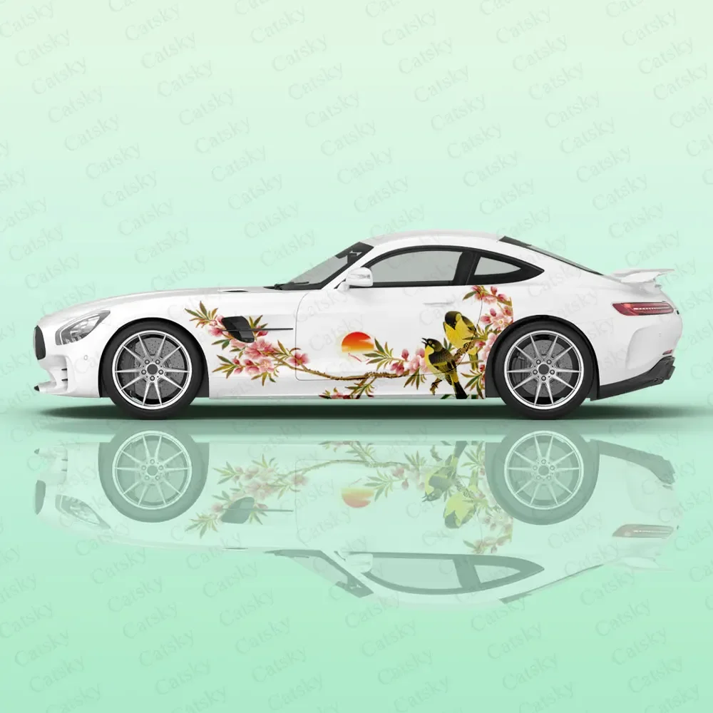 Summer Bird Green Racing Car Graphic Decal Full Body Vinyl Wrap Modern Design Vector Image Wrap Sticker Decorative Car Decal