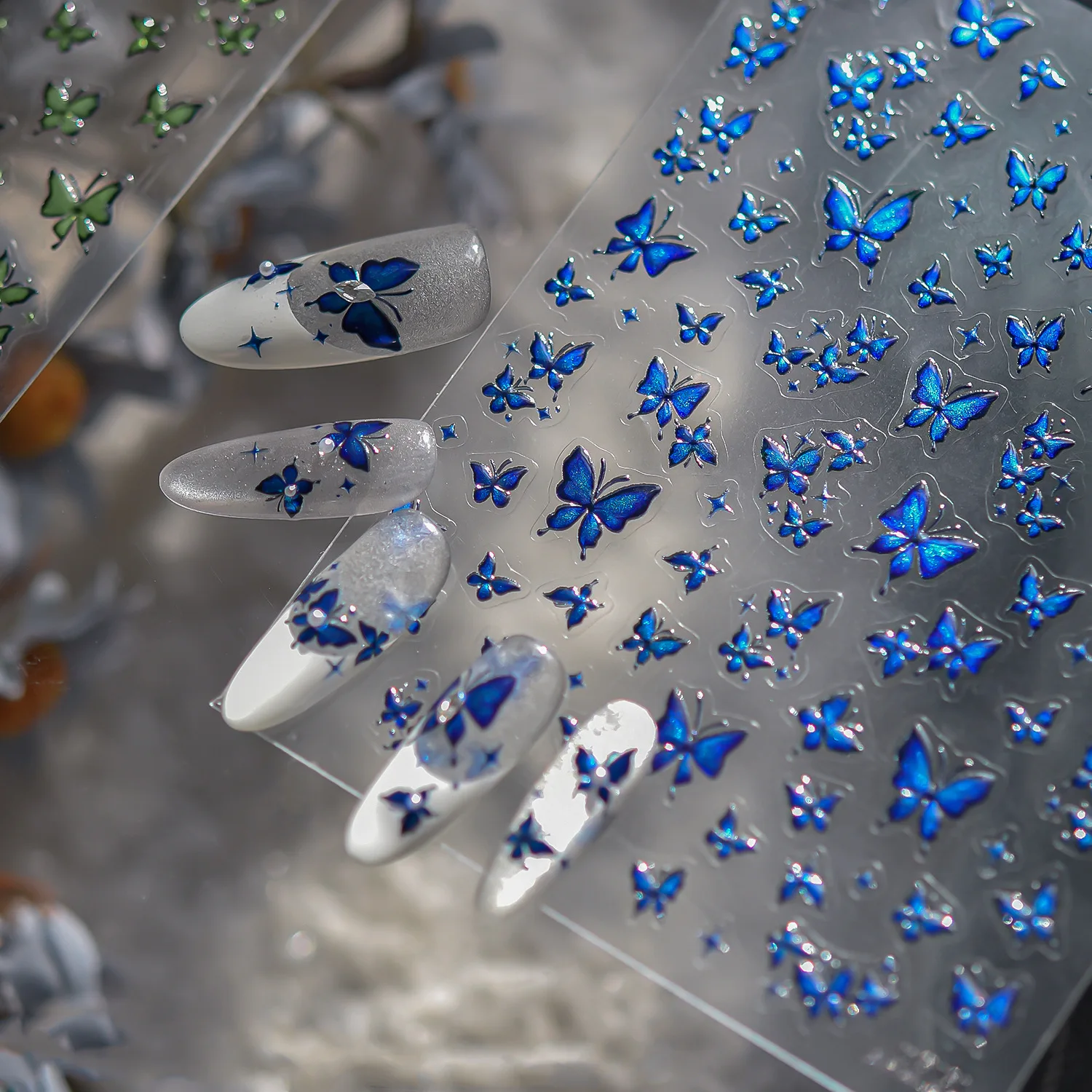 New Elegant Metal Blue Green Butterfly Nail Stickers Exqusitive Metal Butterfly Art Decals High Quality Manicure Decoration DIY