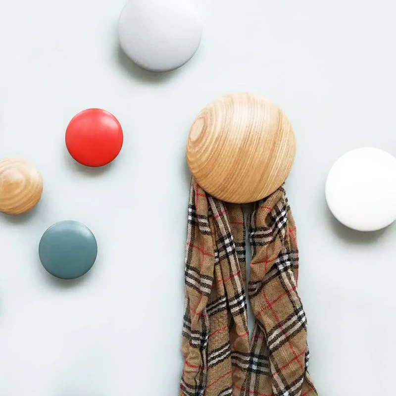 Simple Solid Wooden Hook Wall Mounted Coat Hook Screw Install Round Decorative Key Holder Hat Scarf Handbag Storage Hanger Rack