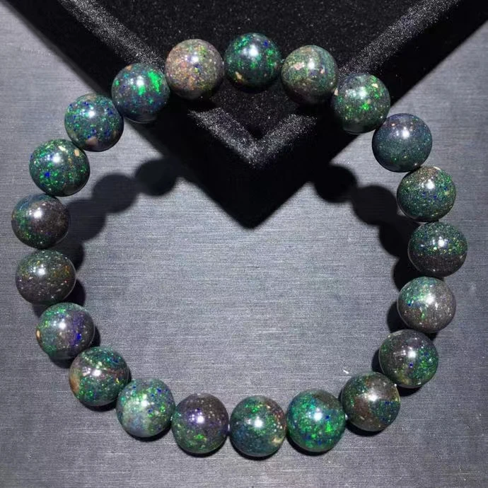 Genuine Natural Black Green Opal Bracelet Round Beads Opal 9.5mm Flash Light Gemstone Stretch Women Men Jewelry AAAAA