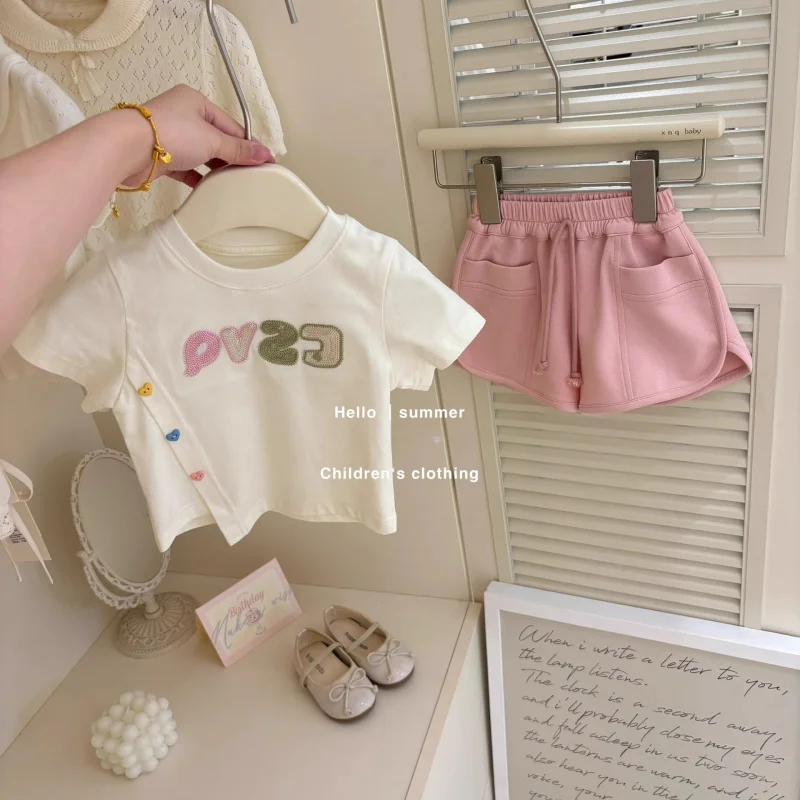

Girls' Sports Casual Set Baby Dopamine Letter Short SleeveTPink T-shirt and Shorts Two-piece Set for Summer