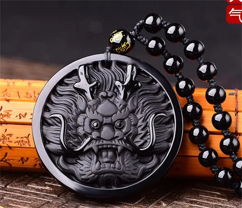 Chinese Handmade Natural Black Obsidian Carved Dragon Head Lucky Pendant Amulet Necklace Charm Crystal Fashion Gift Jewelry