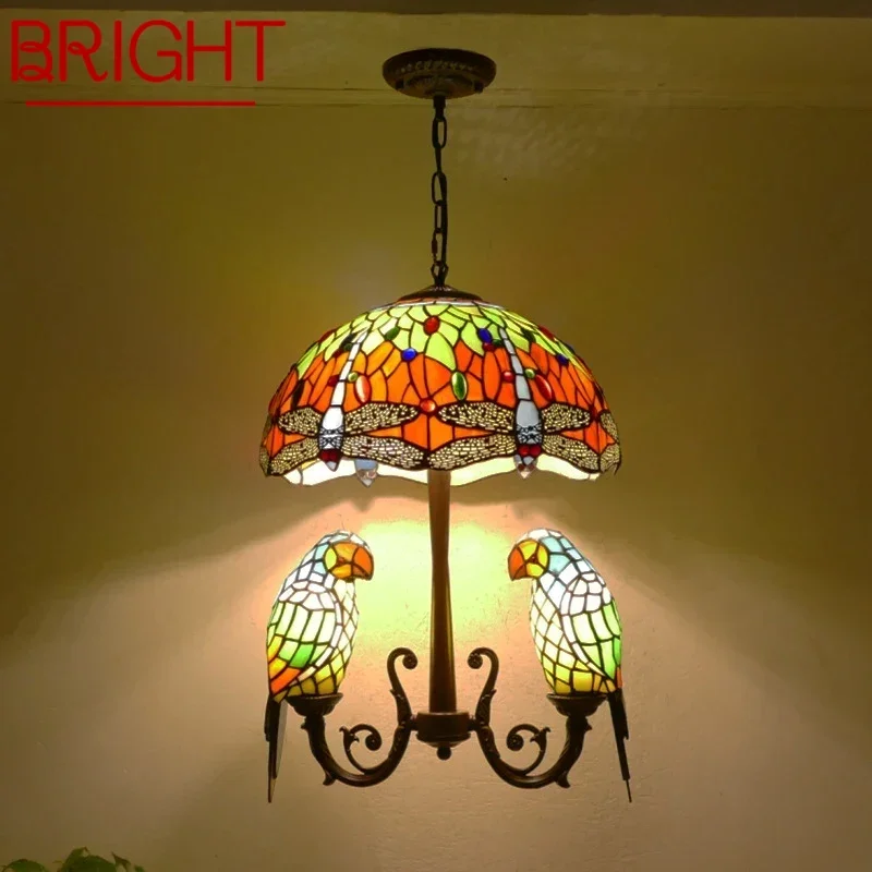 

BRIGHT Tiffany Parrot Chandelier Vintage Creative Color Glass Living Room restaurant Bedroom Hotel Corridor Pendant Lamp