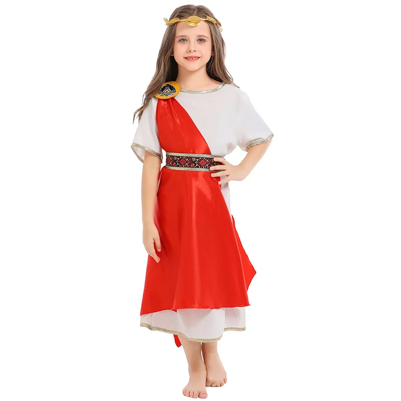 Umorden 4pcs/set Ancient Roman Greek Grecian Toga Costume for Child Kids Boy Girl Unisex Robe With Red Shawl Belt Leaf Headband