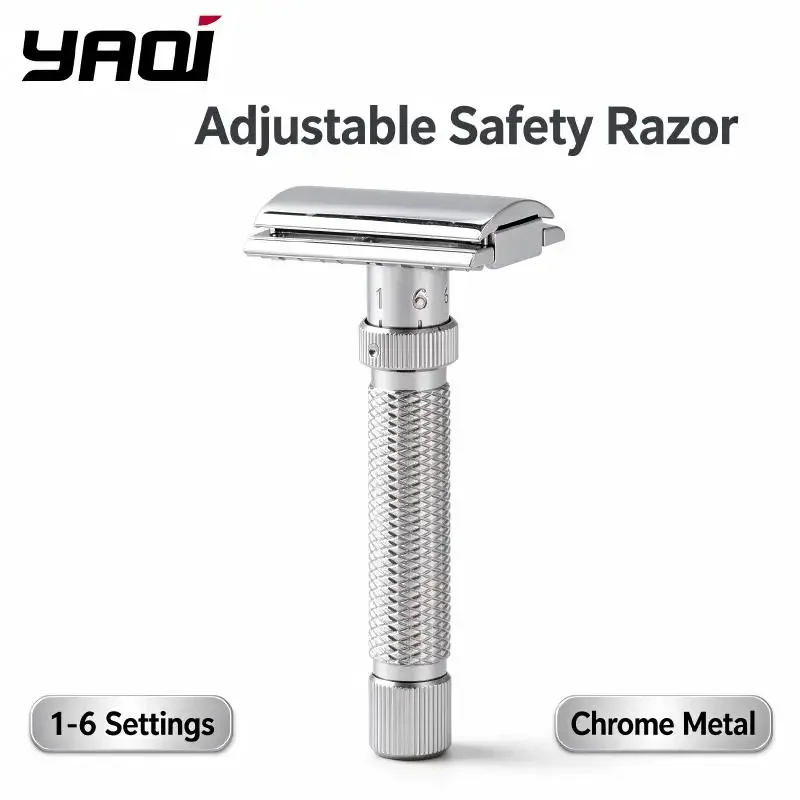 YAQI Adjustable Double Edge Safety Razor Chrome Metal 1-6 Settings Wet Shaving Razor for Men Close Shave Gift