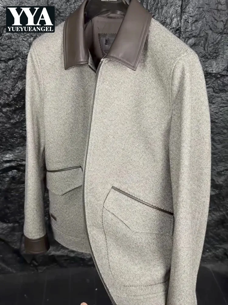 

Men High Quality Business Jacket Pocket Spliced Turndown Collar Zipper Coat Long Sleeve Fashion Casual Outerwear Autumn Hot Sale