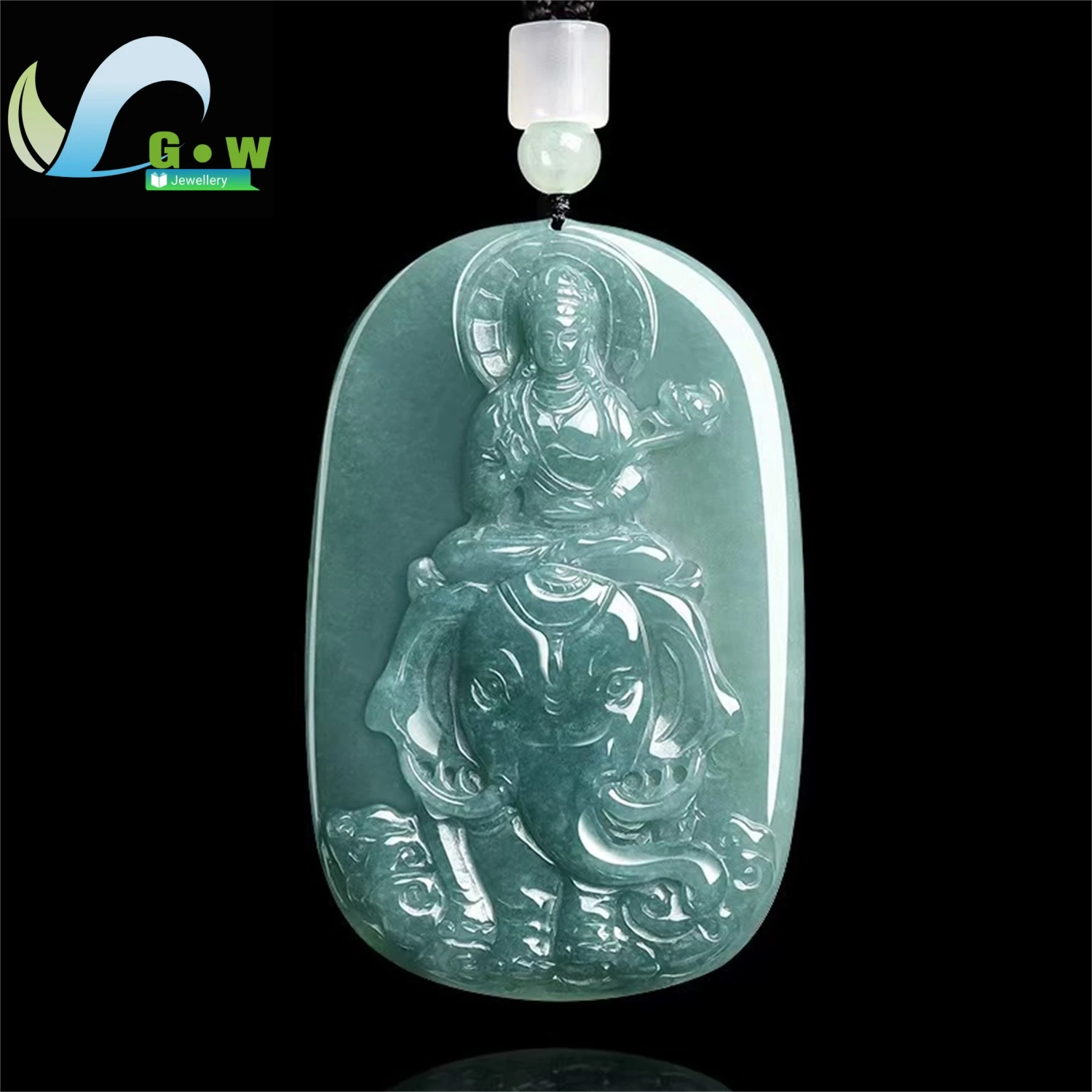 Natural A Grade Jadeite Blue Water Samantabhadra Bodhisattva Pendant Guardian Deity Hanging Ornament Unisex Jewelry Gift