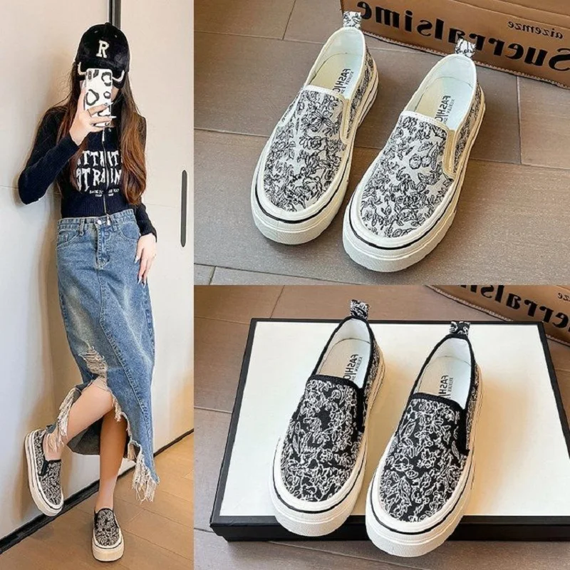 

Fashion ladies canvas sneakers woman platform slip-on loafers round toe flat tennis shoes zapatos de lona