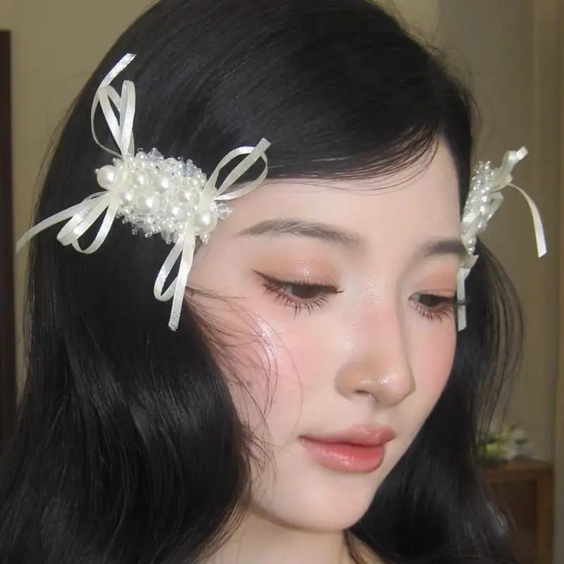 French Ballet Style Imitation Pearl Bow Ribbon Women Hairpin Sweet Simple Elegant Bangs Side Clip Headwear