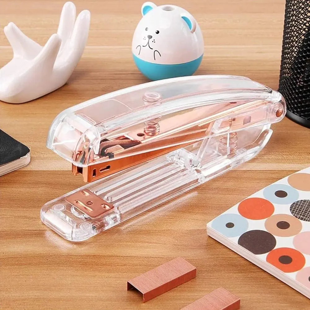 

Small Office Stapler,Transparent Spring Powered Desktop Standard Stapler with Free 1000 Pieces Standard Staples - Rose Gold