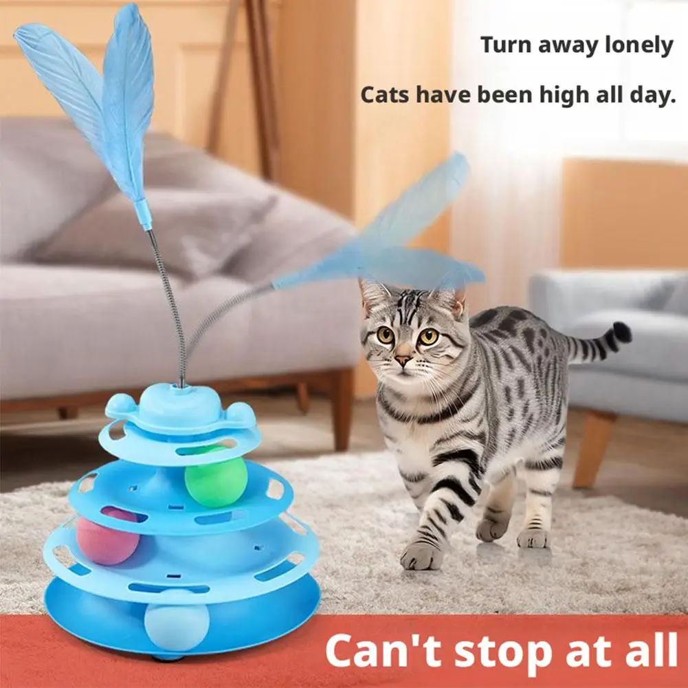 Interactive Cat Toy Tower 4 Level Track Roller Balls Spring Feather Kitten Turntable Teaser Game Pet Training Supplies