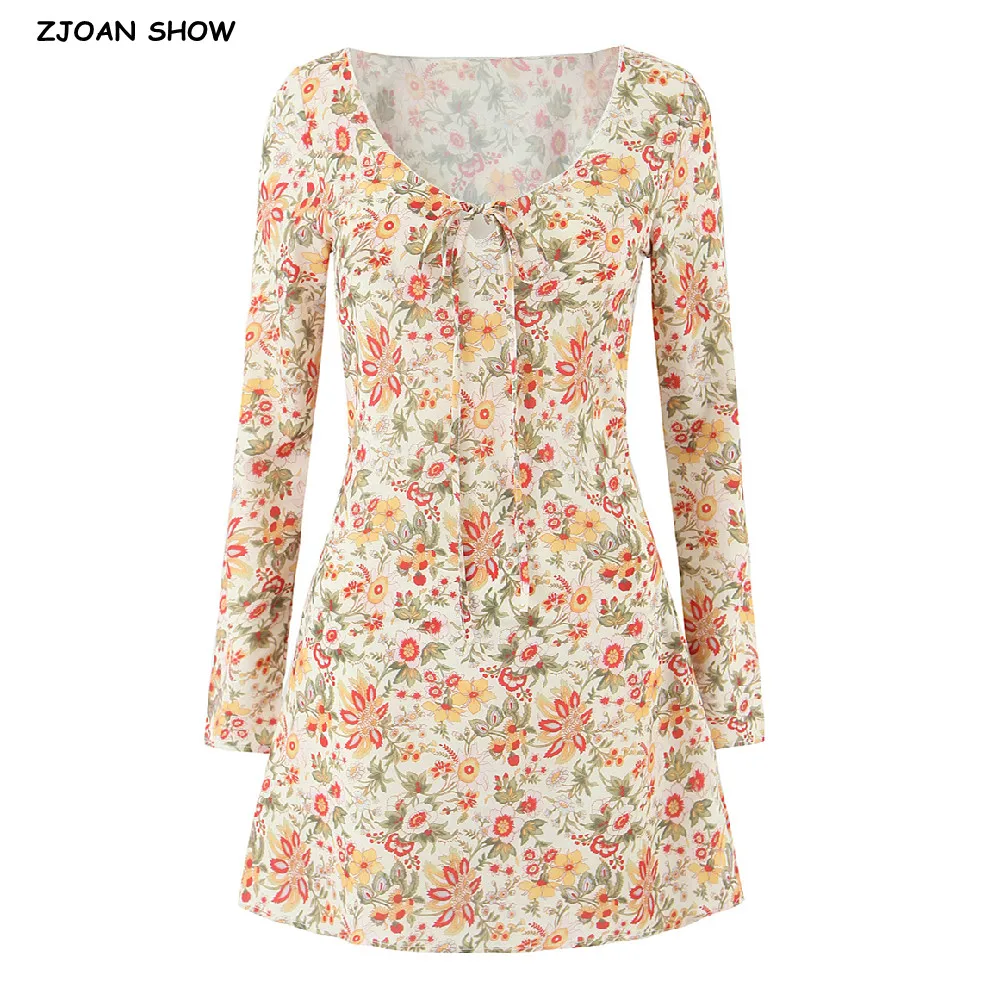 2025 elegante mujer arco cuello en V estampado Floral manga completa Mini vestido cremallera lateral cintura delgada vestidos cortos forrados bata de gasa