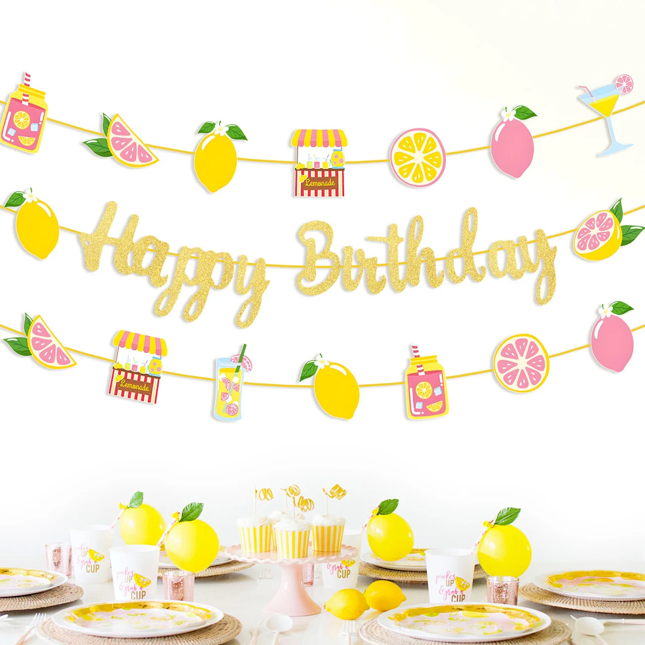 Guirnalda de Cumpleaños Rosa Limonada, Guirnalda Dorada con Brillantina y Adornos de Limón Cítrico, Decoración para Fiesta de Limonada de Verano