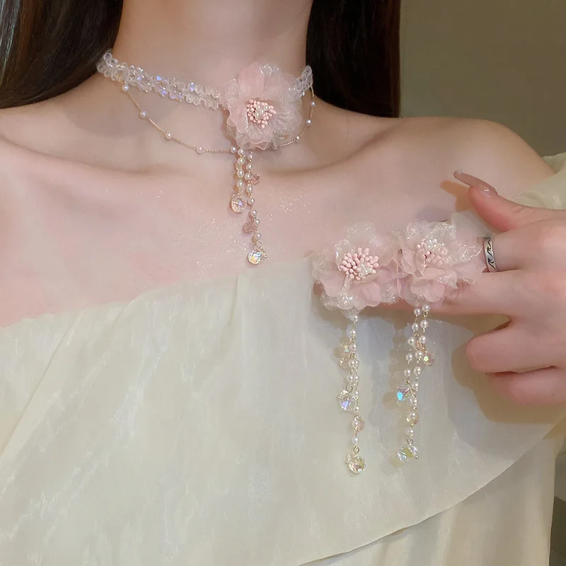 Pink Flowers Pearl Tassel Earrings Necklaces Two Pcs Set for Women Fashion Sweet Temperament Drop Earrings Dainty Jewelry Sets