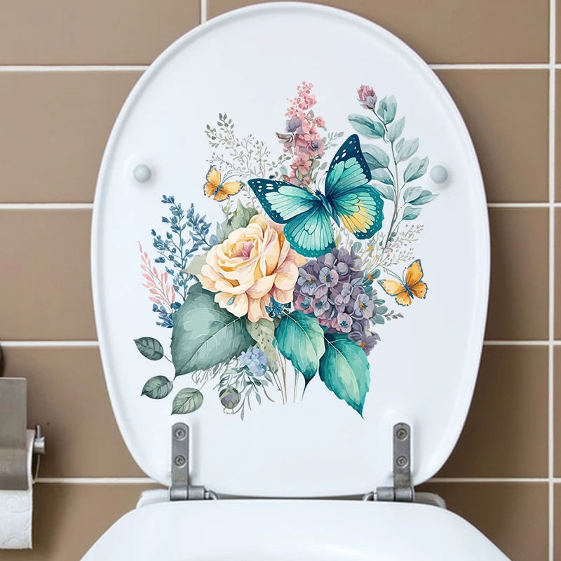 Watercolor Flower Waterproof Toilet Sticker. Bathroom Toilet Seat Beautification Decorative Sticker Self-adhesive