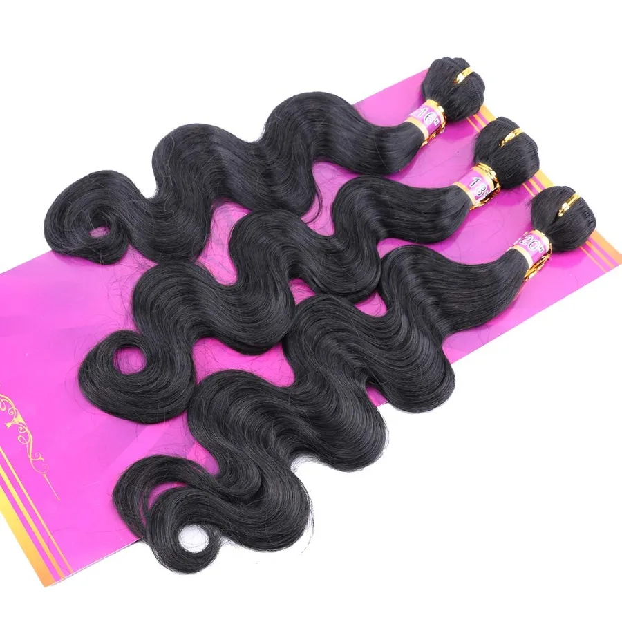 3 حزم الجسم موجة الاصطناعية نسج الشعر ملحقات في 16 18 و 20 بوصة مع مختلط اللون لحمة شعر أسود للمظهر الطبيعي