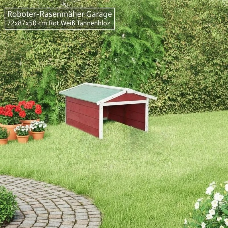 Abri pour robot tondeuse à gazon, design rouge et blanc, 72x87x50 cm, en abeto massif à texture naturelle, protège l'équipement des intempéries et ajoute une touche décorative joyeuse à l'espace du jardin.