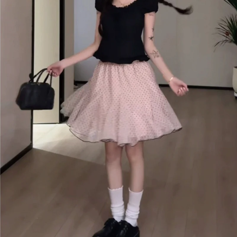 Womens High Waist All Over Tiny Dot Print Ruffle Hem Pleated Flared Mini Skirt