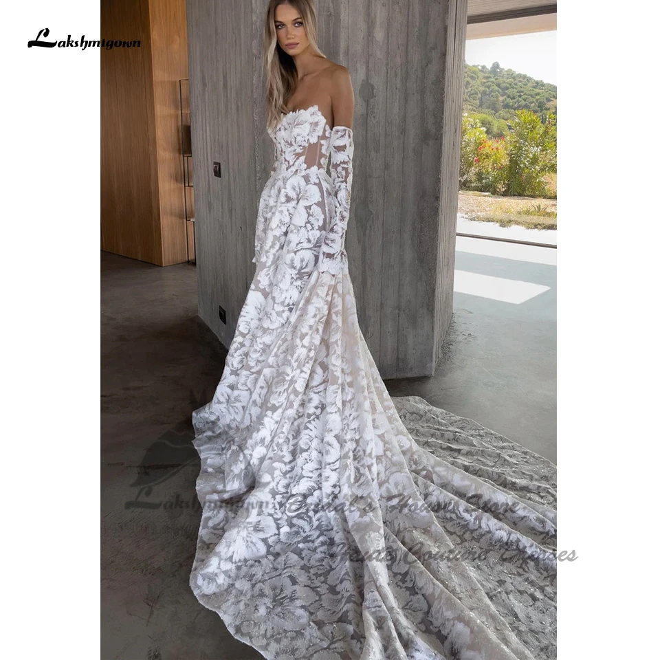 Lakshmigown Luxuriöse Spitzen-Boho-Hochzeitskleider 2026 Funkelnde Pailletten-Strandbrautkleider mit Abnehmbaren Langen Ärmeln Maßanfertigung – Detail 7