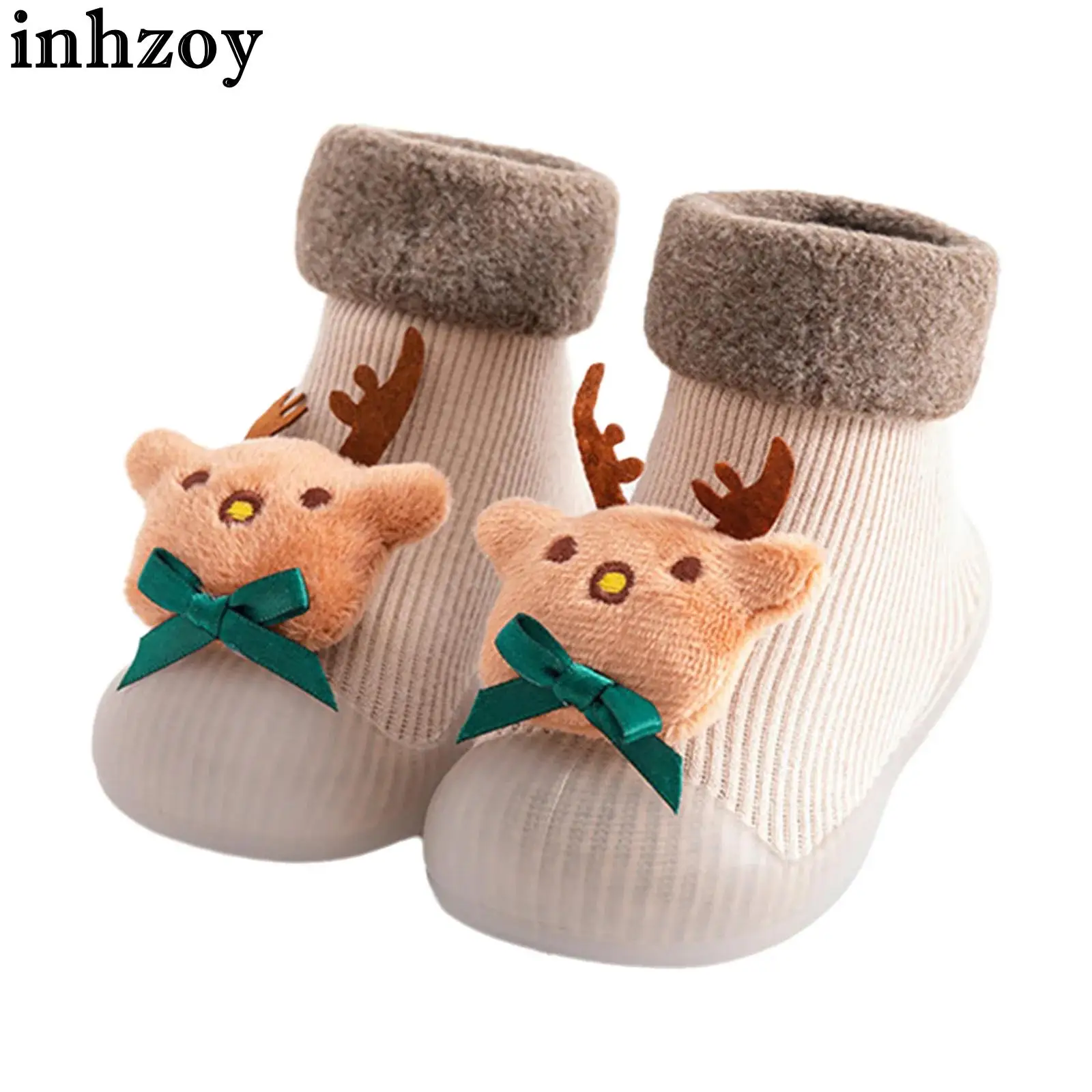 

Infant Boys Girls Christmas Fleece Lined Sock Shoes Non-Slip Wear-Resistant Rubber Sole Cute Xmas Walking Slipper Prewalker