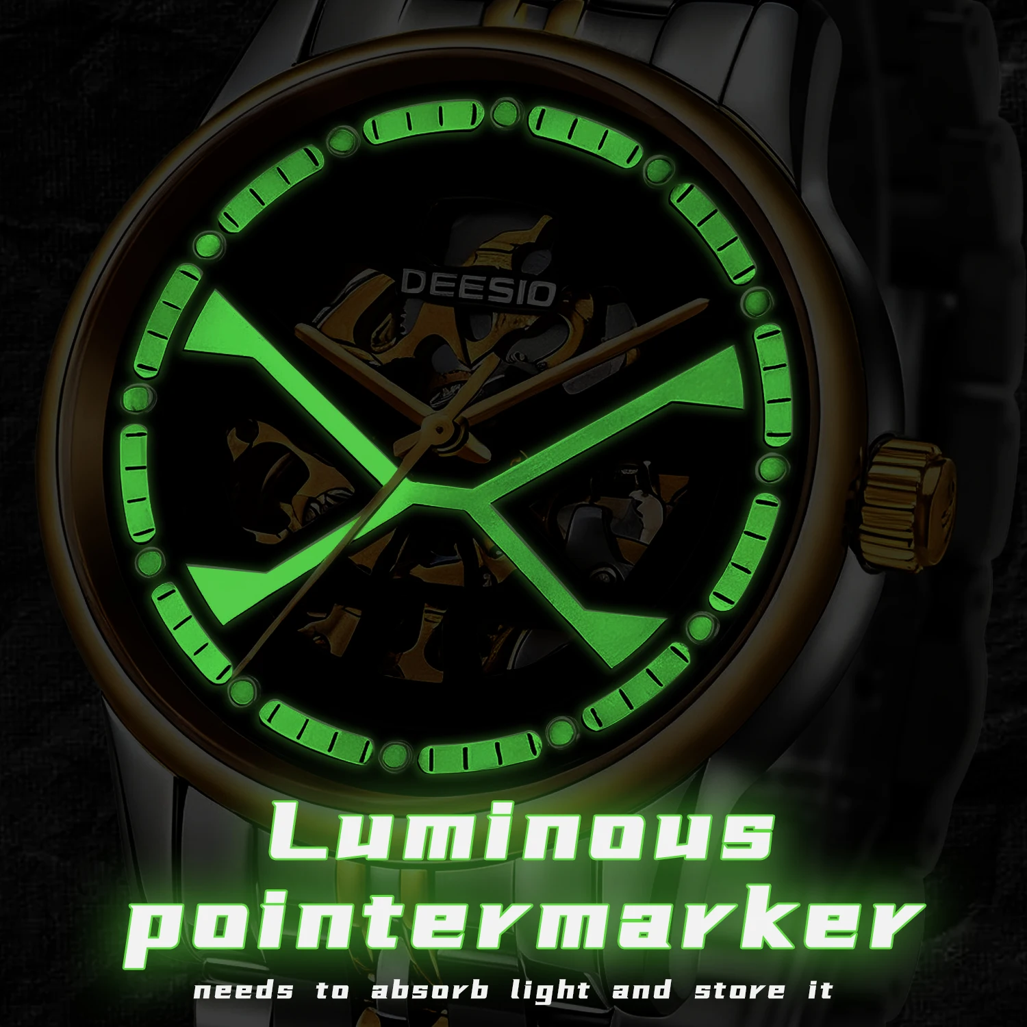 นาฬิกาข้อมือผู้ชาย Dessio ระบบอัตโนมัติ กลไกไขลานอัตโนมัติ ตัวเรือนสแตนเลสแบบโปร่ง สายหนังแท้ เรืองแสง สไตล์สปอร์ต หรูหรา