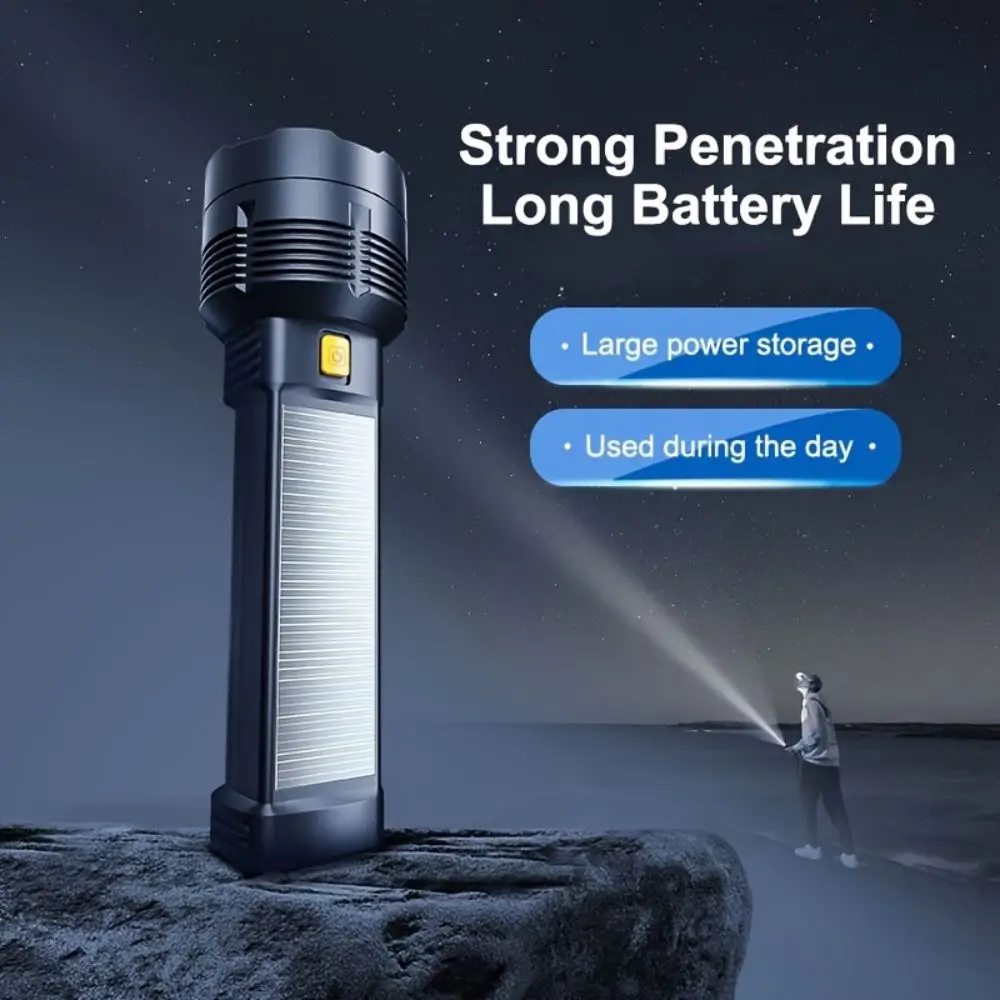 Solar Powered LED Flashlight  COB Side Light  USB Rechargeable  Spotlight for Camping Hiking Fishing