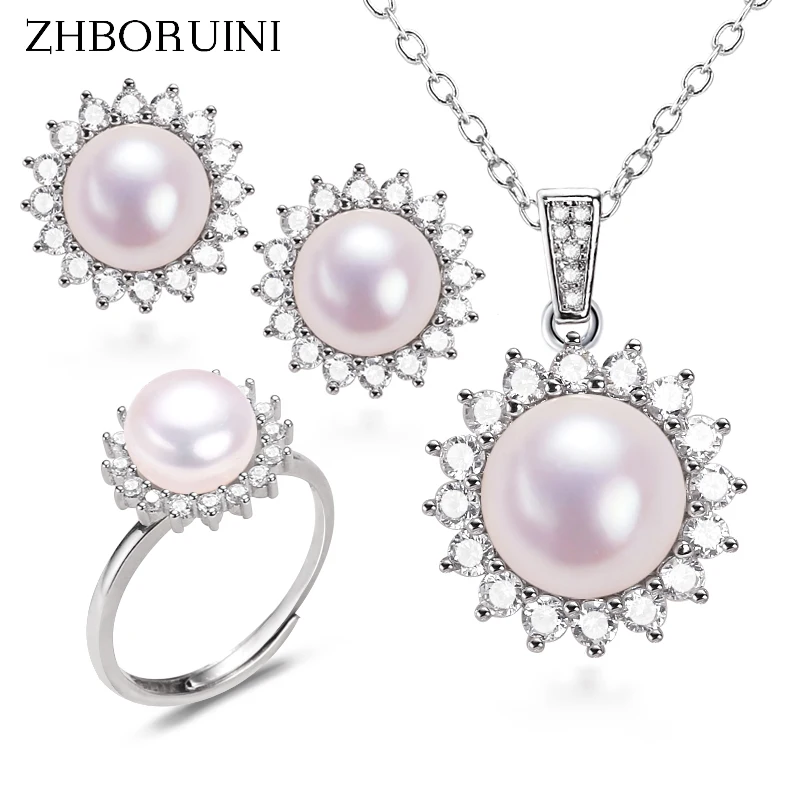 

ZHBORUINI Roound Sun Shine Pearl Jewelry Sets 925 Sterling Silver 100% Real Natural Pearl Necklace Earrings Ring For Women Gift