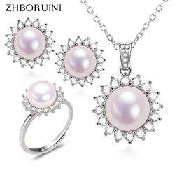 ZHBORUINI Roound Sun Shine Set di gioielli con perle in argento sterling 925 100% vera collana di perle naturali orecchini anello per le donne regalo