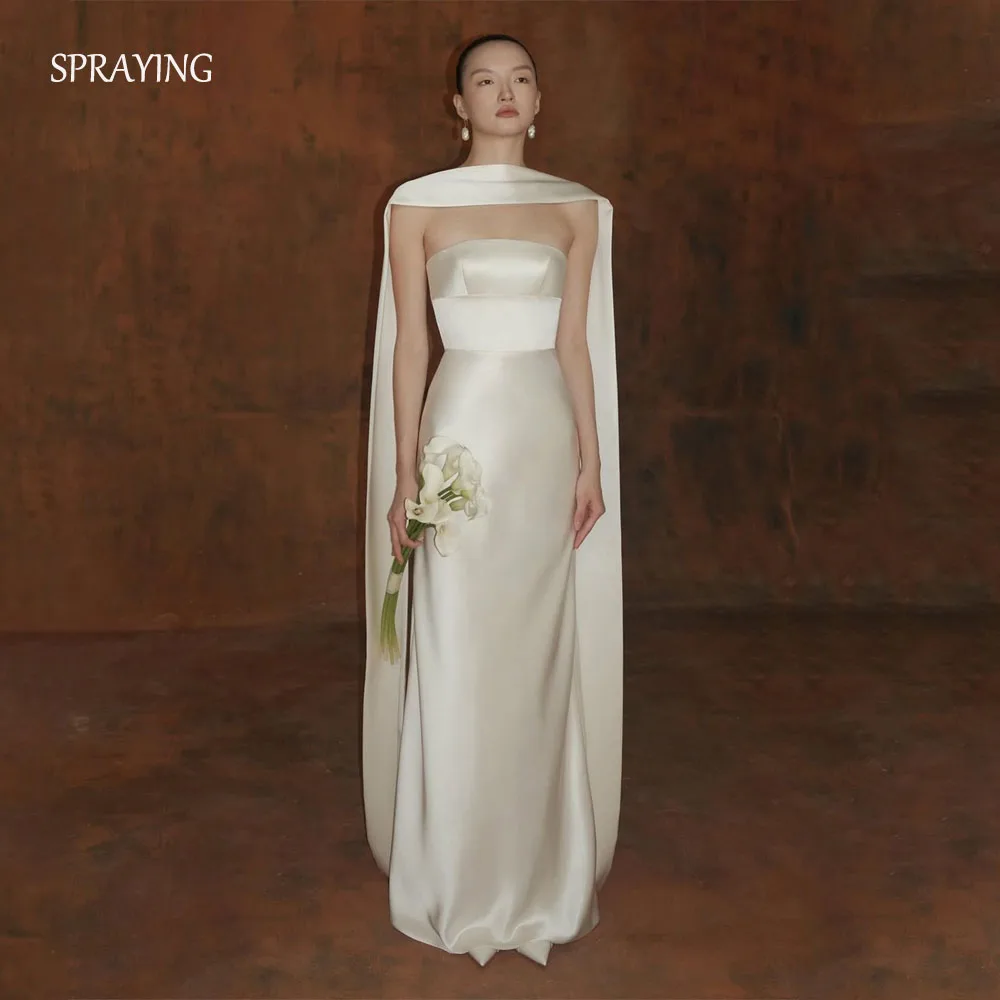 SPRAYING Elegant Champagne Satin Wedding Dress Strapless Sleeveless Bridal Gowns Mermaid Long Wedding Party Dress Customized