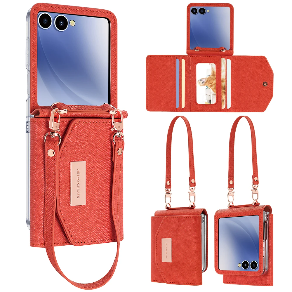 

Women's Fashionable Artificial PU Leather Wallet Phone Case Cover Compatible With Galaxy Z Flip 7/6/5/4/3 Case With Wrist Strap