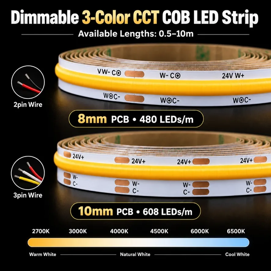 0.5-10m 24V Dimmable 3-Color CCT COB LED Strip Light 480/608 LEDs/m 8mm 10mm PCB Flexible Tape Lamp for Home Decoration Lighting