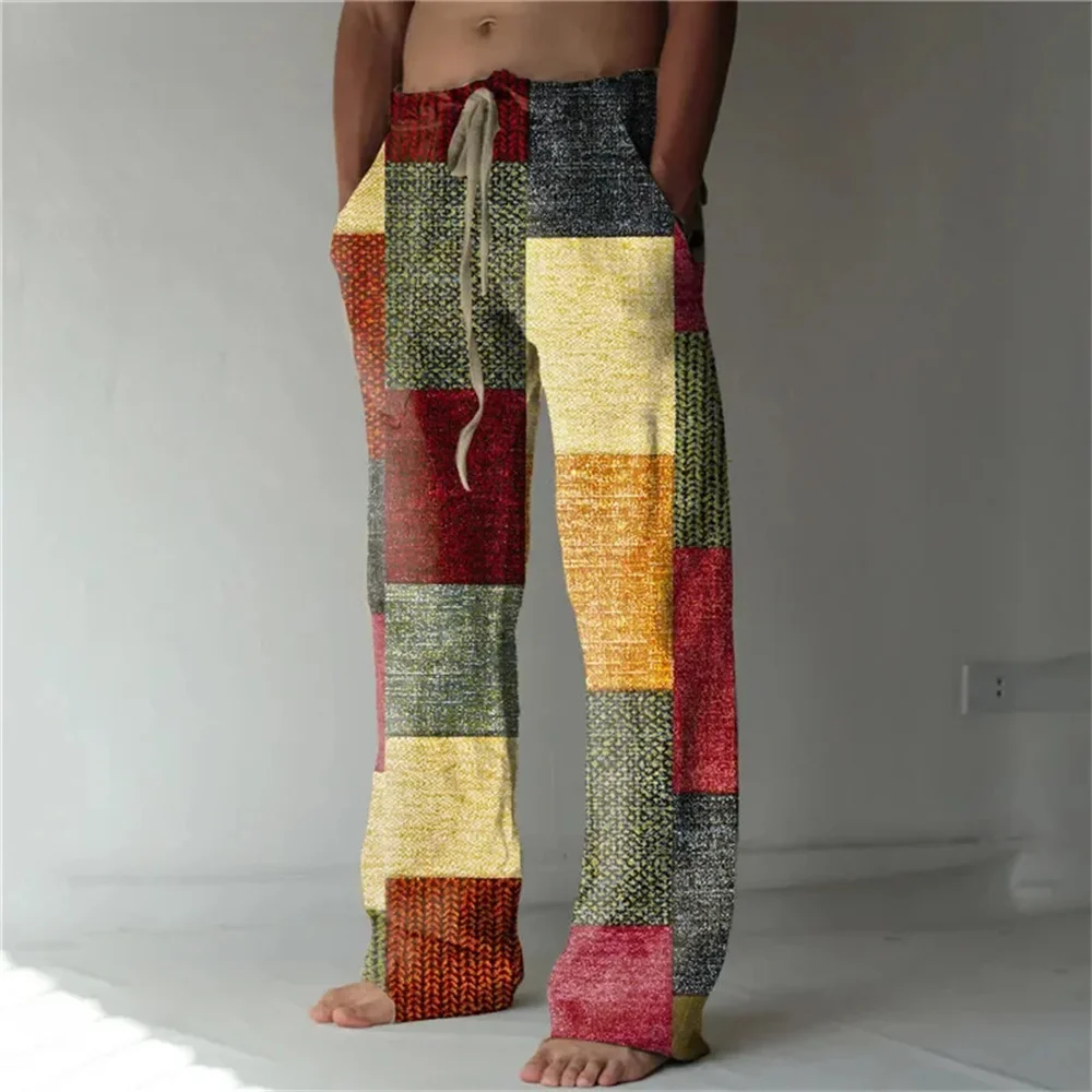 Men's Casual Pants Handsome Patchwork Square Print Daily Breathable Bamboo Hemp men's Trousers Large Size Fashion Straight Pants